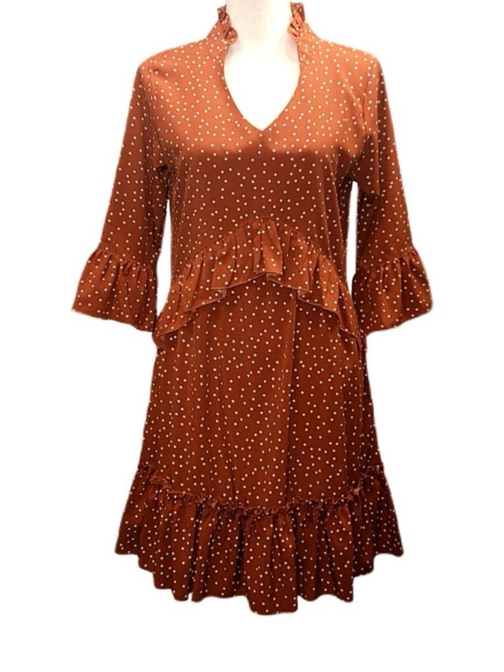 Rust Orange Floral Ruffle Tiered Long Sleeve Mini Dress Womens M Polka Dot NWOT